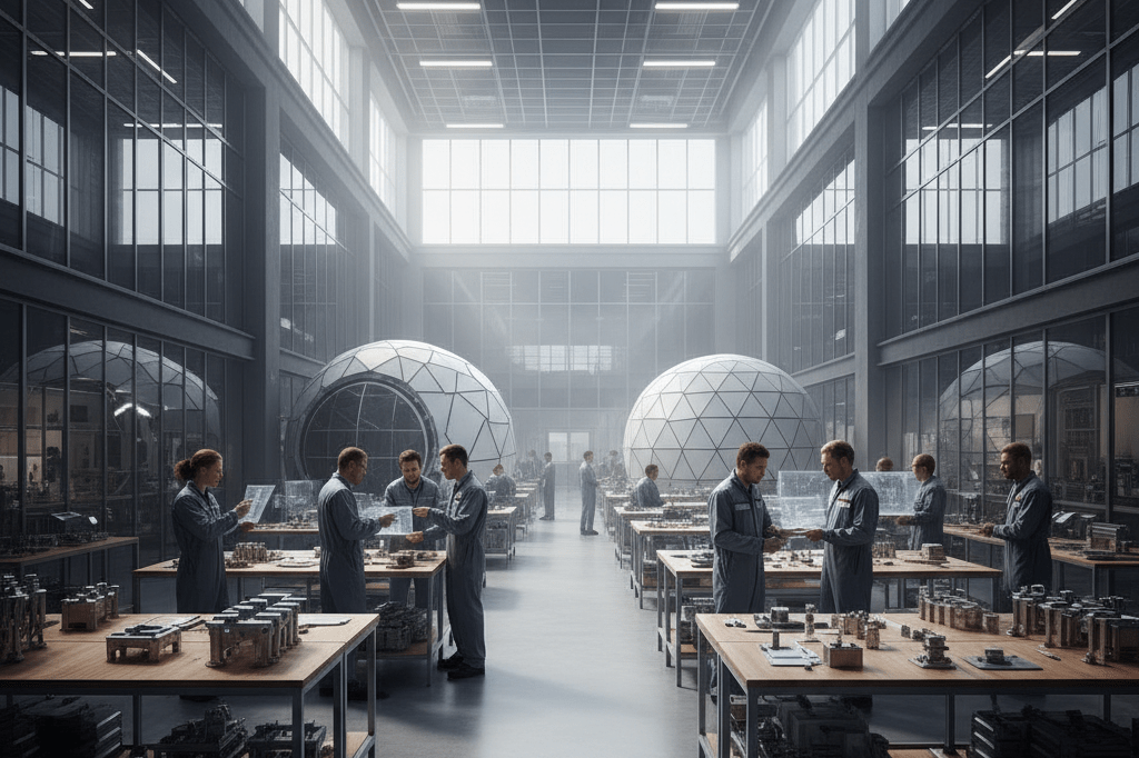 Advanced manufacturing facility building components for lunar infrastructure Workbenches displaying advanced materials and tools under natural light in a high-tech aerospace workshop symbolizing new market opportunities