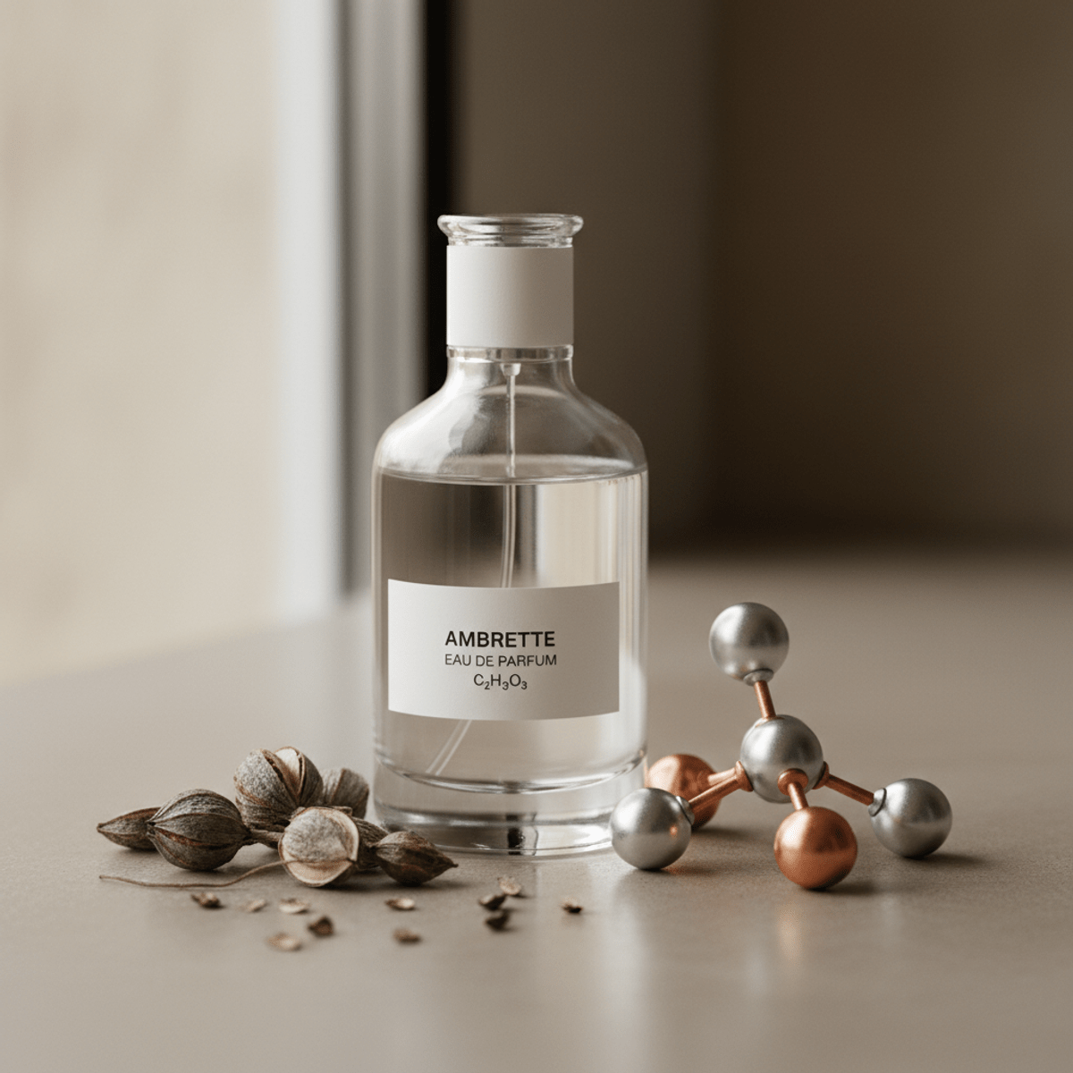Minimalist cologne bottle with ambrette seeds and scent molecule model.