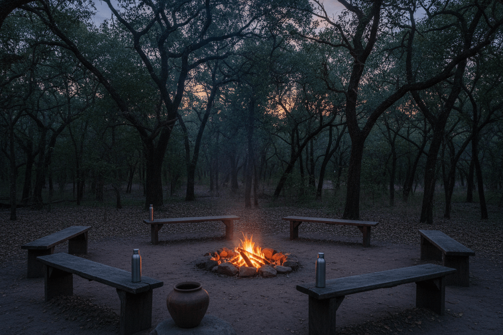 Empty tribal council benches around a fire pit at dusk, evoking themes of strategy and alliance shifts in competitive scenarios