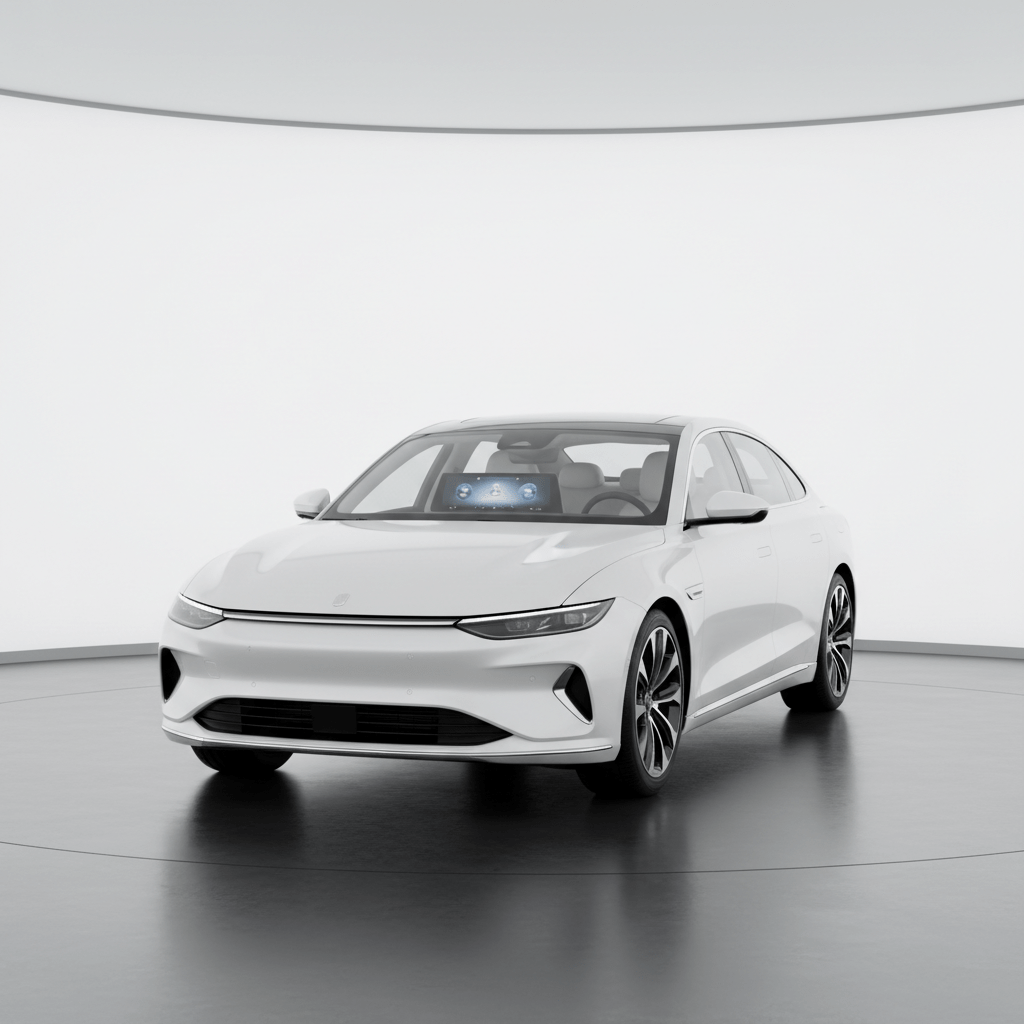 Refined white midsize sedan with flowing contours in a studio setting.