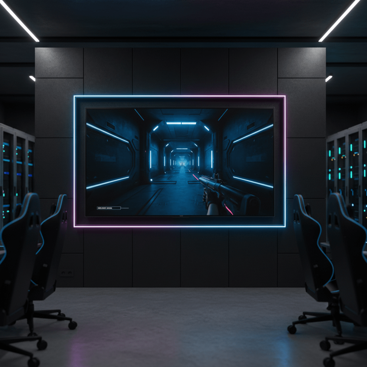 Large TV displays a fast-paced game in a modern, dark esports training room.