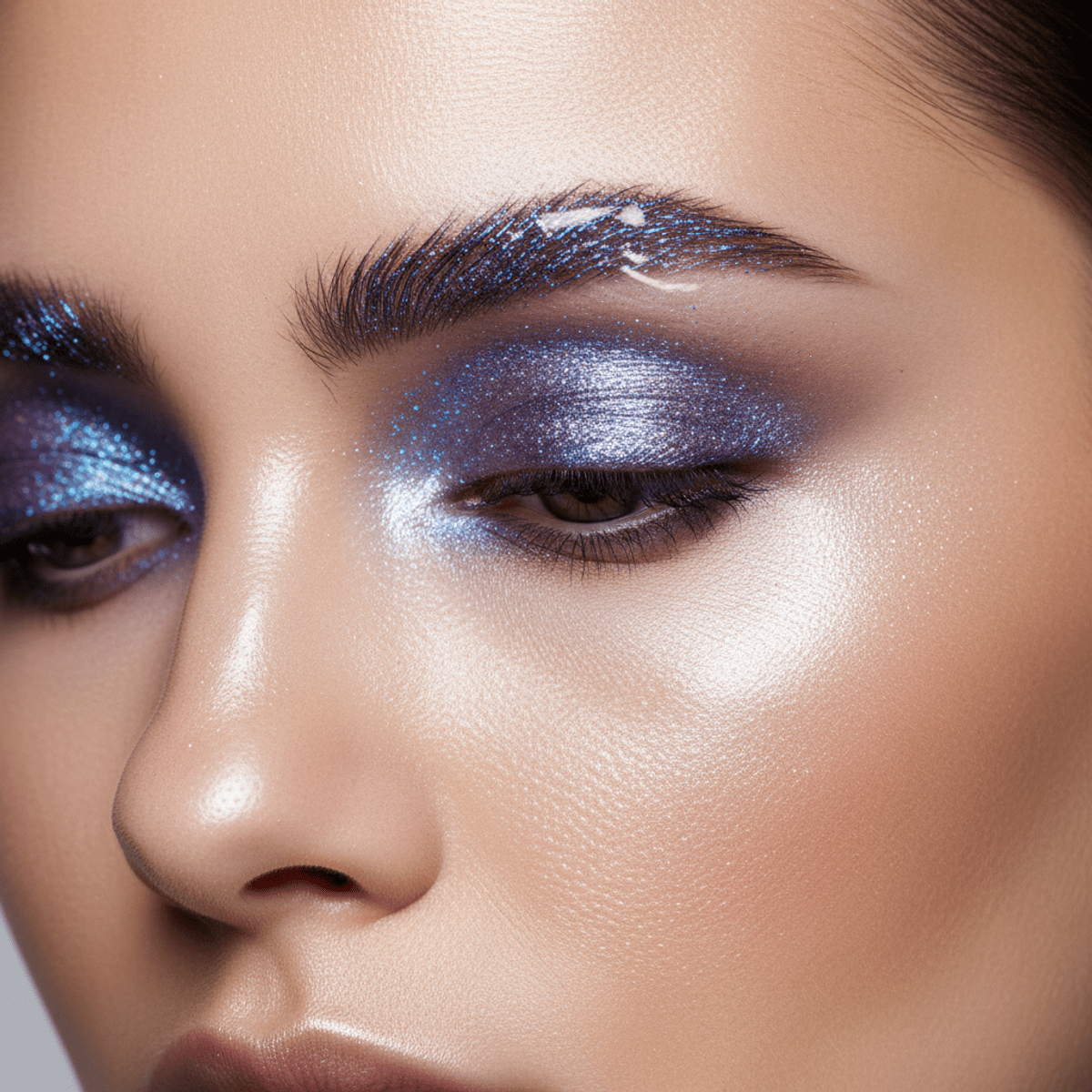 Futuristic model with holographic unibrow, shimmering with duochrome color shifts.