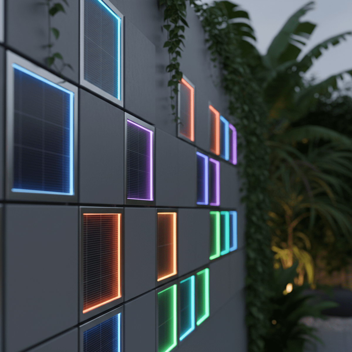 Modern patio wall with geometric solar LED panels glowing at twilight.