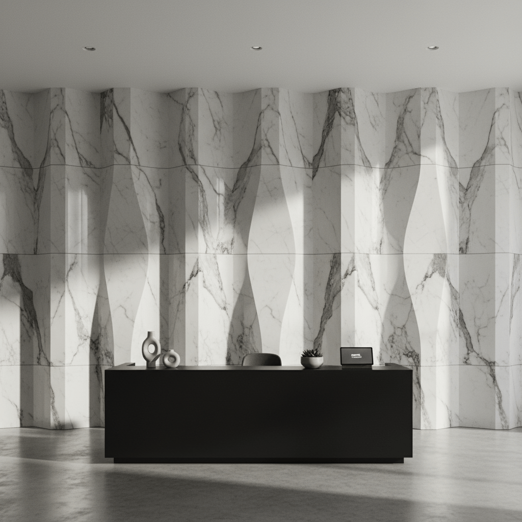 Modern corporate reception with fluted marble walls and a matte black desk.