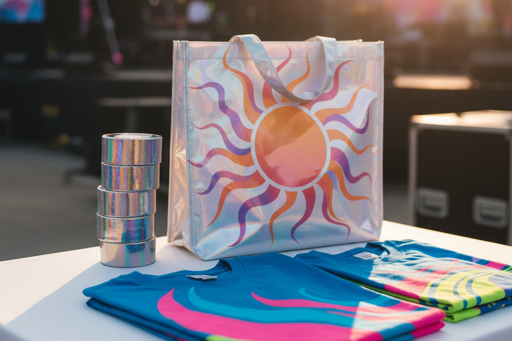 Medium shot of holographic wristbands, iridescent tote bags, and retro-styled tees arranged on a white surface under soft ambient lighting