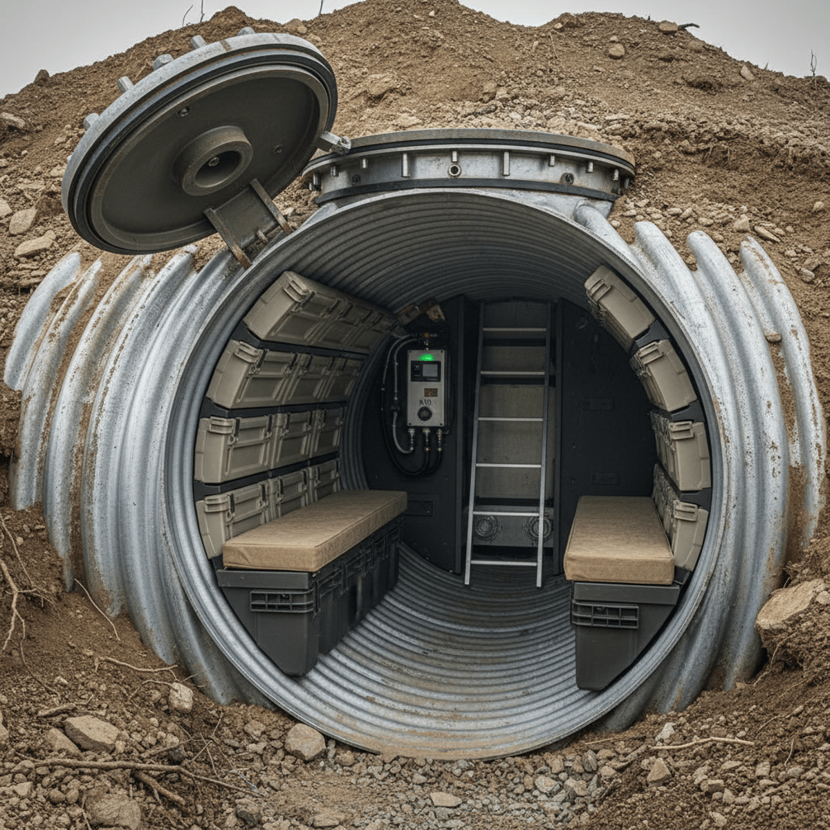 Cutaway view of a large corrugated steel culvert bunker with blast-resistant hatch and interior.