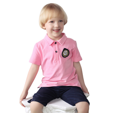 男孩夏季学龄前男女皆宜的英式纯棉儿童粉色儿童马球衫