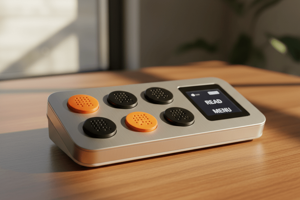 Close-up of an advanced accessibility tool with tactile buttons and high-contrast display, showcasing inclusive design