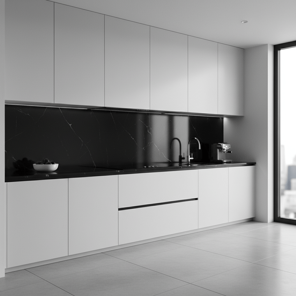 Sleek modern kitchen featuring a seamless black stone slab backsplash and matte white cabinetry.