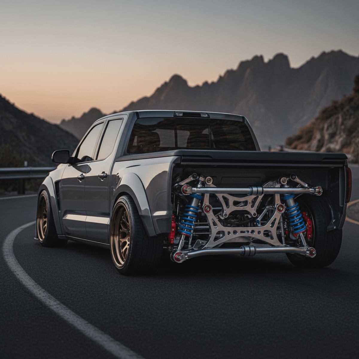 Street truck with exposed four link suspension and coilover shocks on a mountain road.