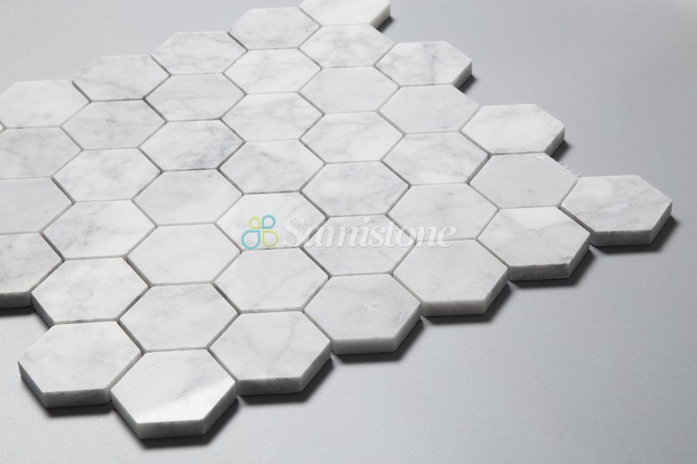 2" Polished Carrara White Hexagon Marble Mosaic Tile