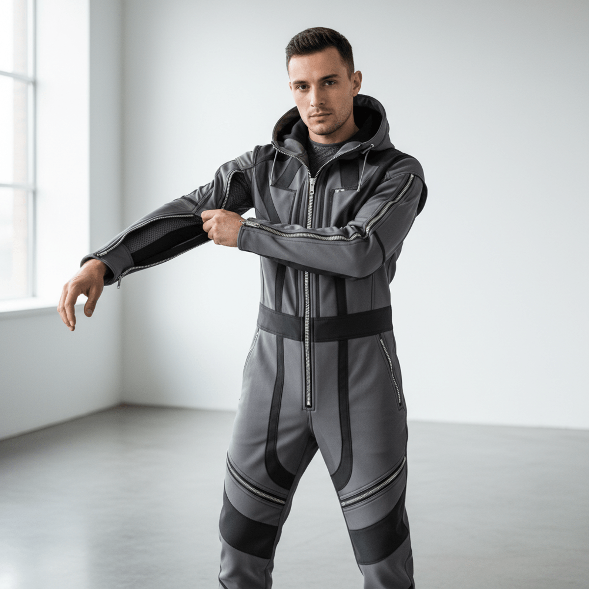 Model shows modular jumpsuit transformation, from long sleeves to sleeveless.