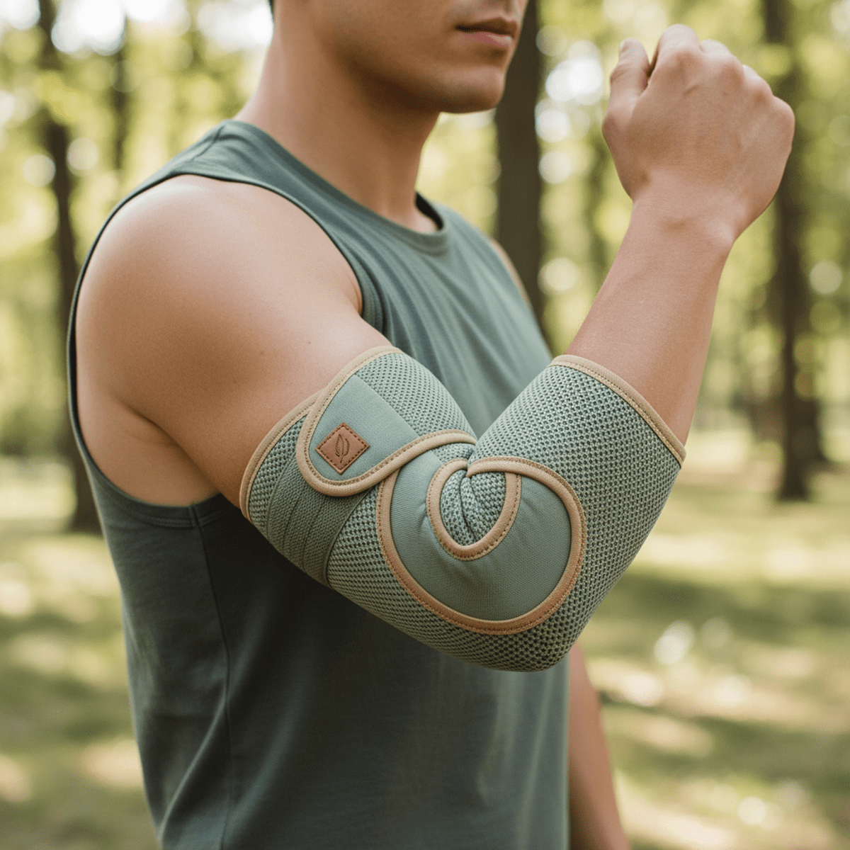 Eco-conscious elbow brace made from bamboo fiber blends and recycled plastics.