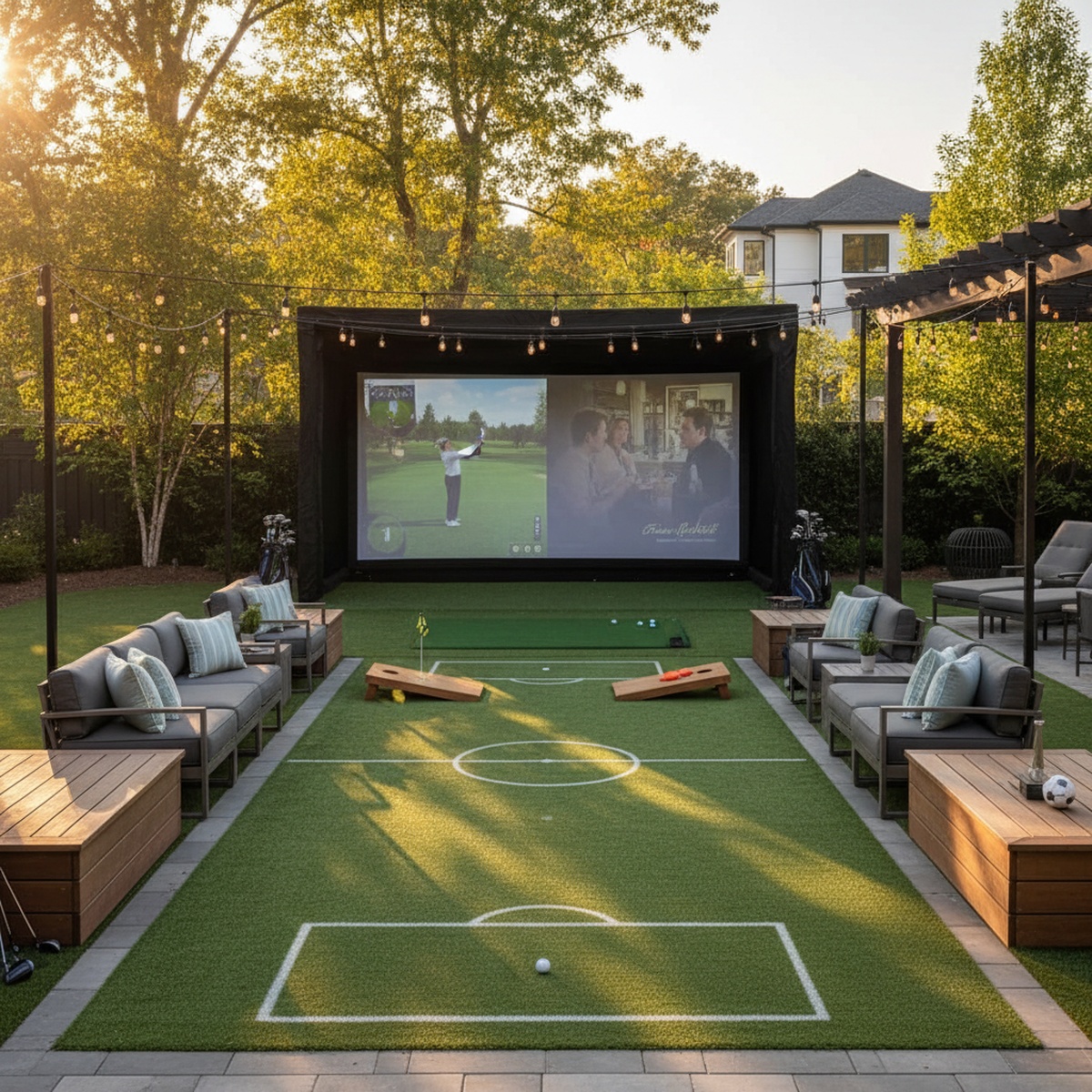 Spacious backyard with golf simulator, movie screen, and plush seating.