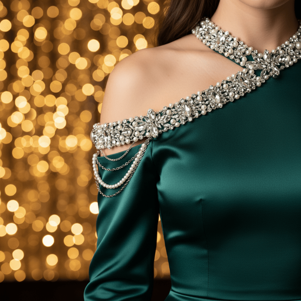 Luxurious emerald satin cold shoulder dress with pearl and crystal shoulder embellishments.