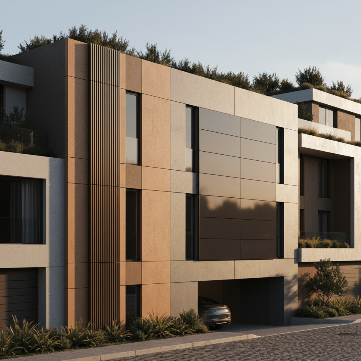 Contemporary home facade with integrated vertical solar heaters and matte siding at golden hour.