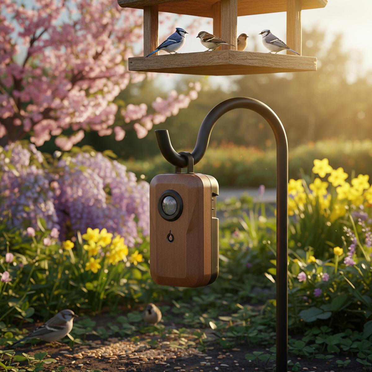 Ultrasonic cat repellent device on shepherd's hook in a garden.