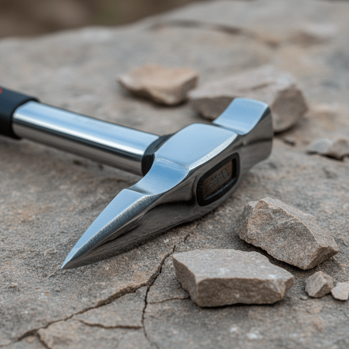Geological hammer with blue-tinted steel head on rugged quartzite rock, showing polished finish.