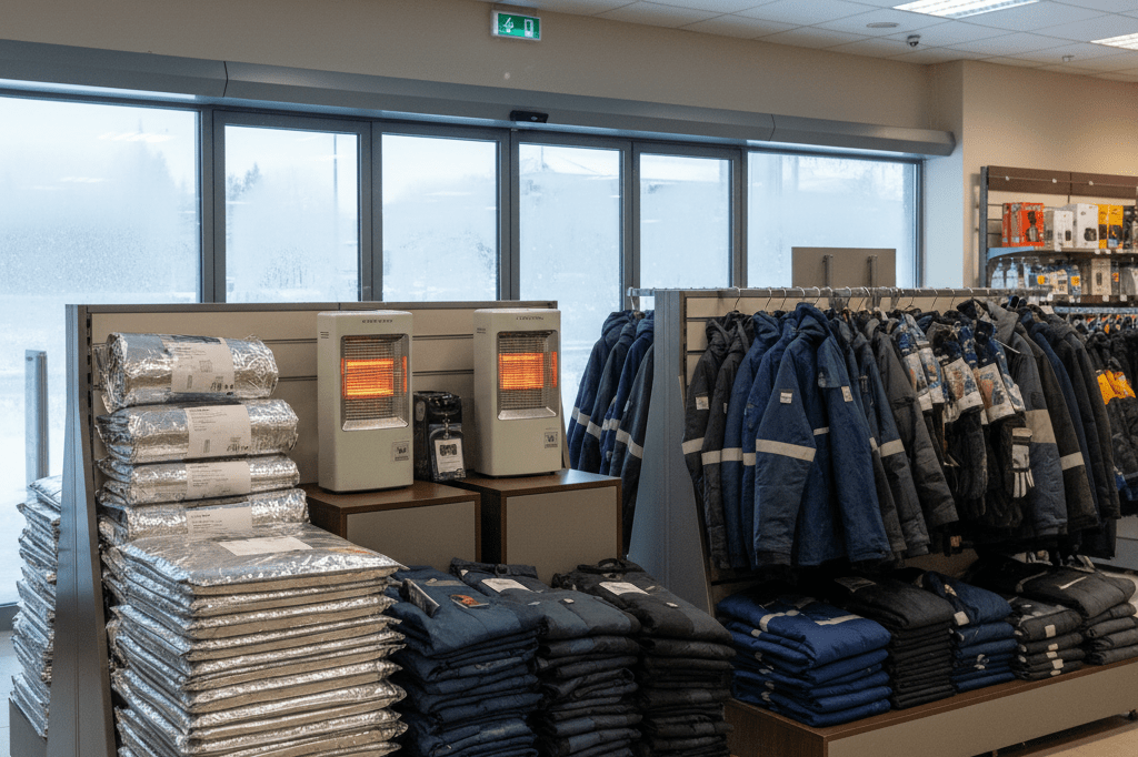 Medium shot of thermal clothing, space heaters, and insulated supplies arranged near a frosty store entrance in extreme winter conditions
