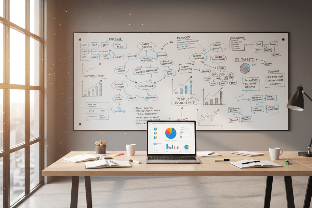 Wide shot of a workspace with whiteboards, analytics charts, and notebooks under warm natural light, symbolizing data-driven strategies