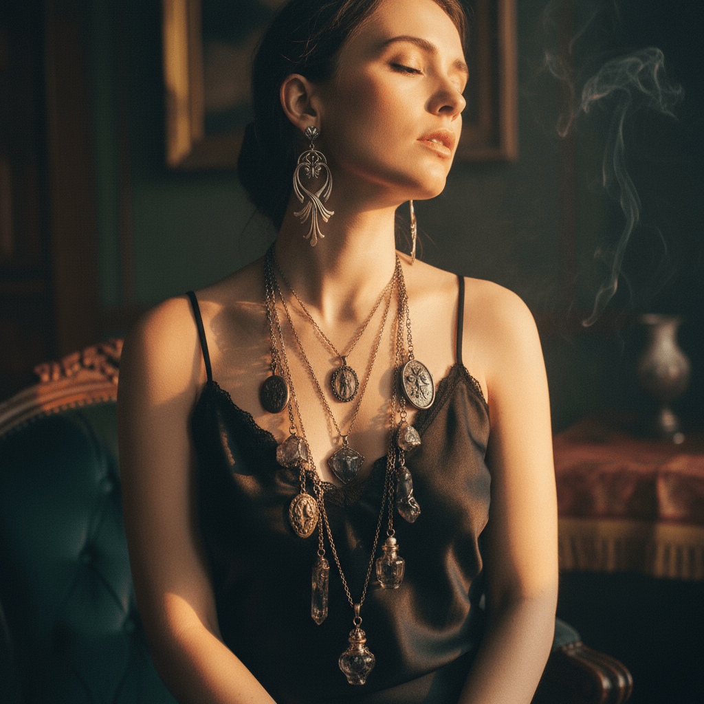 Opiumcore portrait of woman with vintage lockets, amethyst, and perfume bottle necklaces.