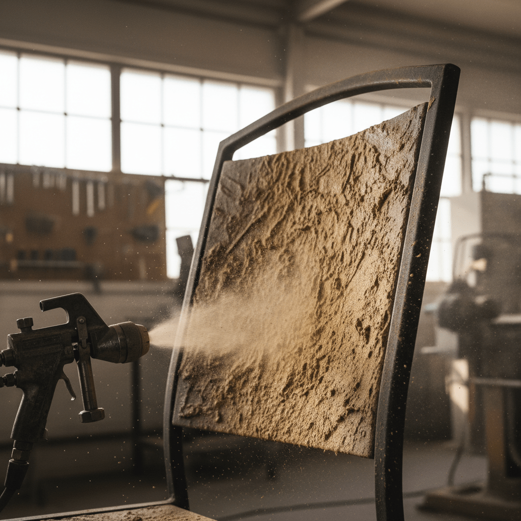 Specialized powder coating gun sprays textured powder onto an outdoor metal chair.