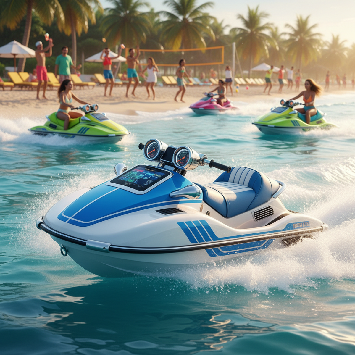 1990s inspired electric jet ski with blue stripes on a sunny beach.