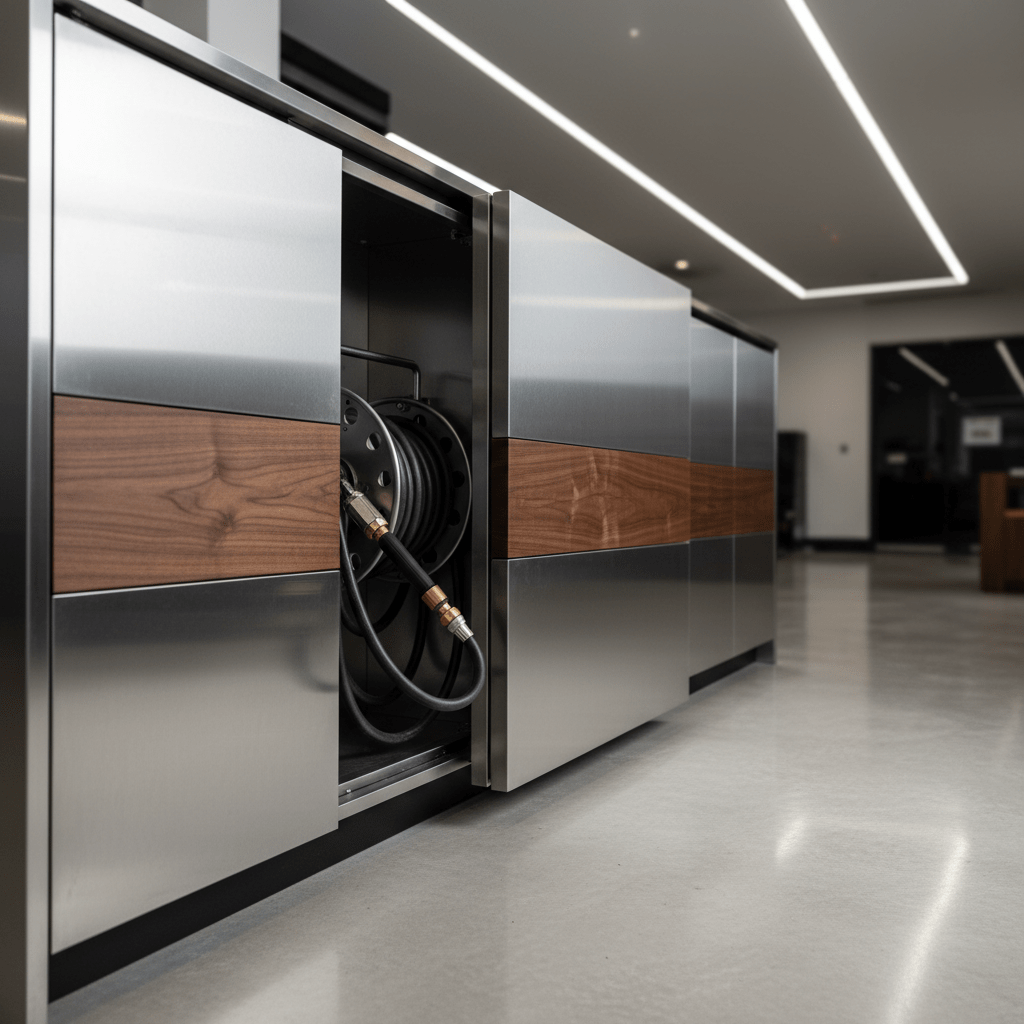 Wall mounted power washer revealed behind sliding cabinet doors in a luxury garage.