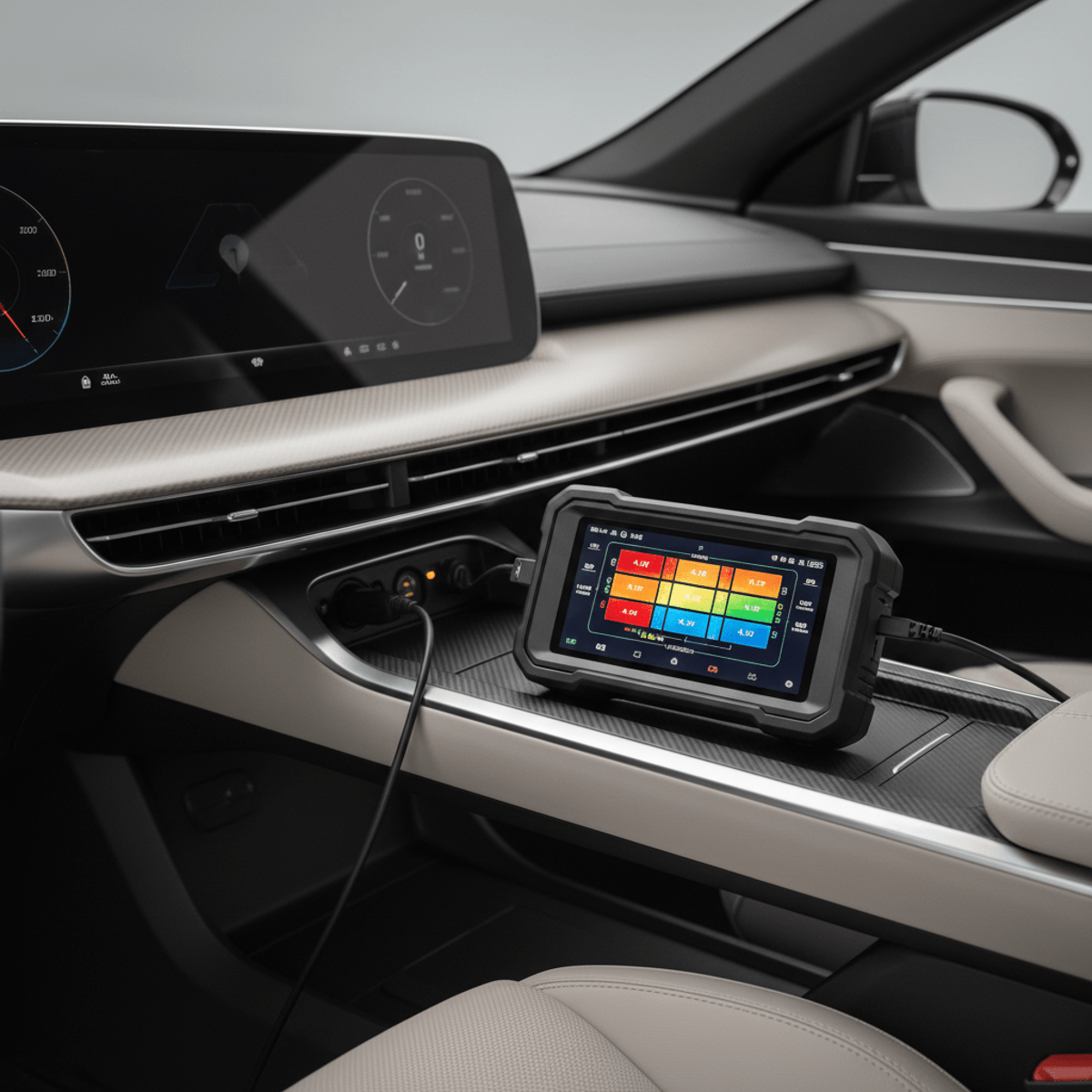 Professional EV diagnostic tool displays battery heat map on electric sedan dashboard.