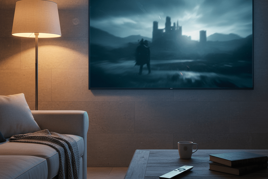 Living room TV showing blurred historical drama finale under warm ambient light with remote on table