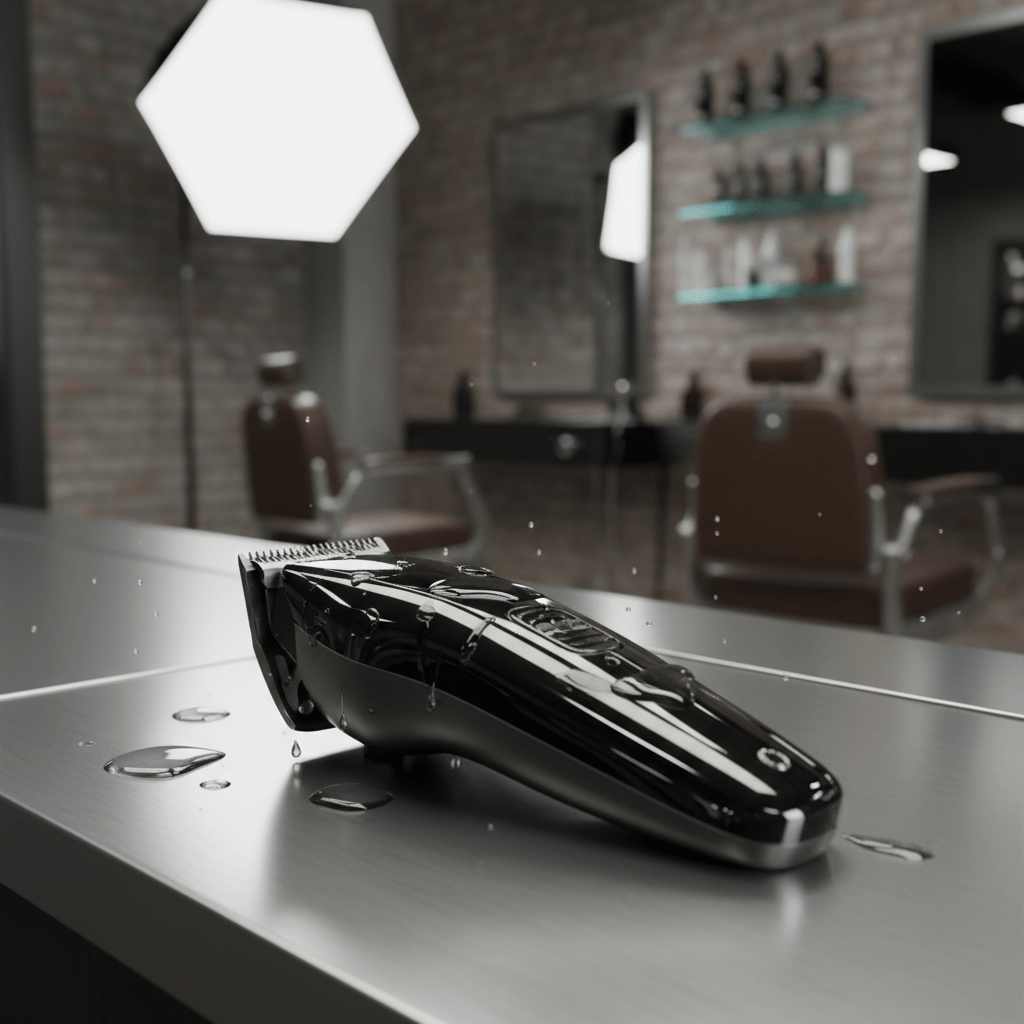 Premium fade clippers with sleek jet-black DLC coated blades on a stainless steel workstation.
