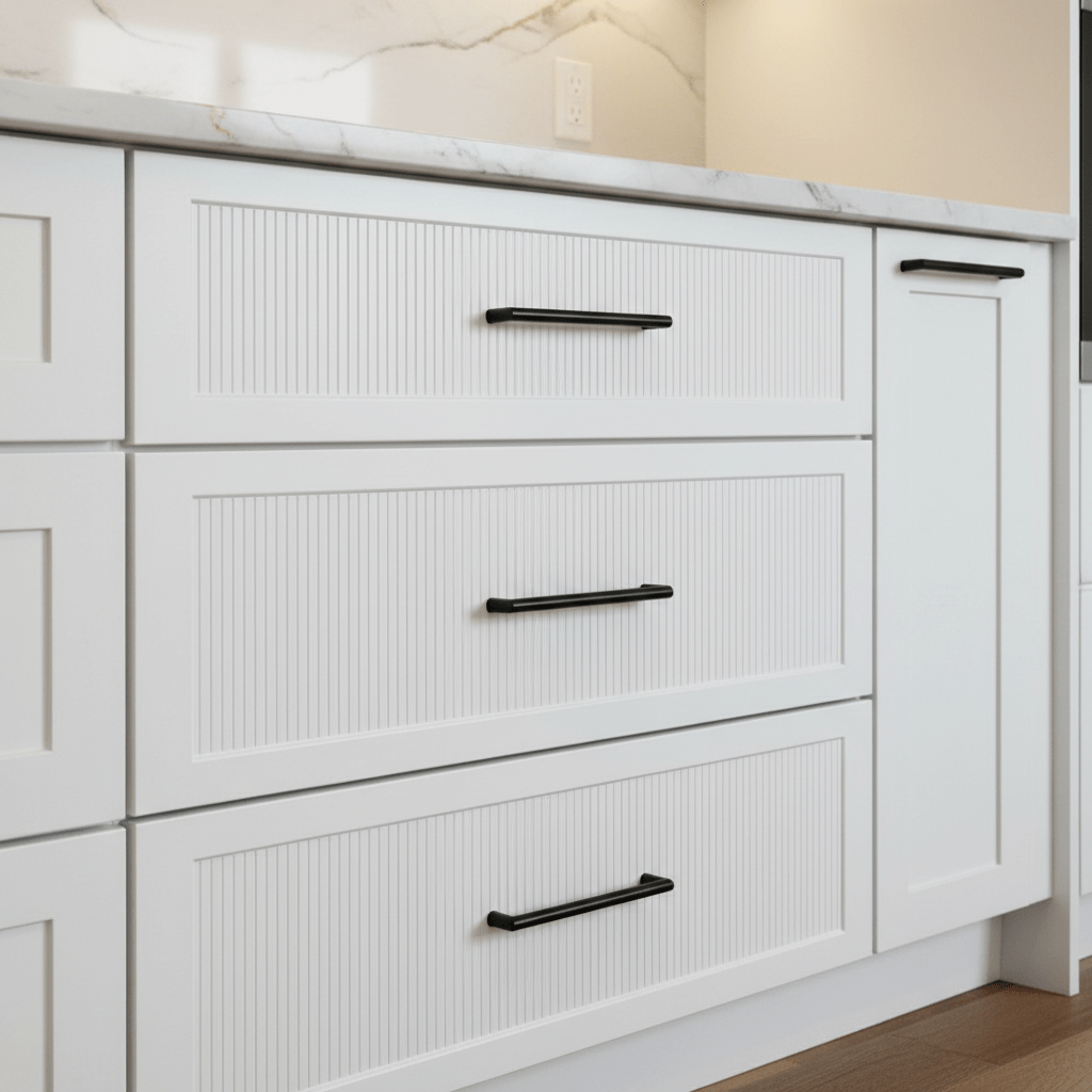 Elegant white reeded kitchen drawers with sophisticated shadow play and matte black hardware.