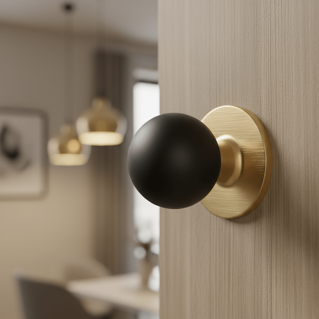 Sleek matte black spherical door knob on brushed brass rosette, modern door.