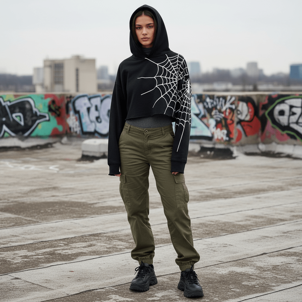 Matte black hoodie with spiderweb graphic layered over long-sleeve shirt and cargo pants.