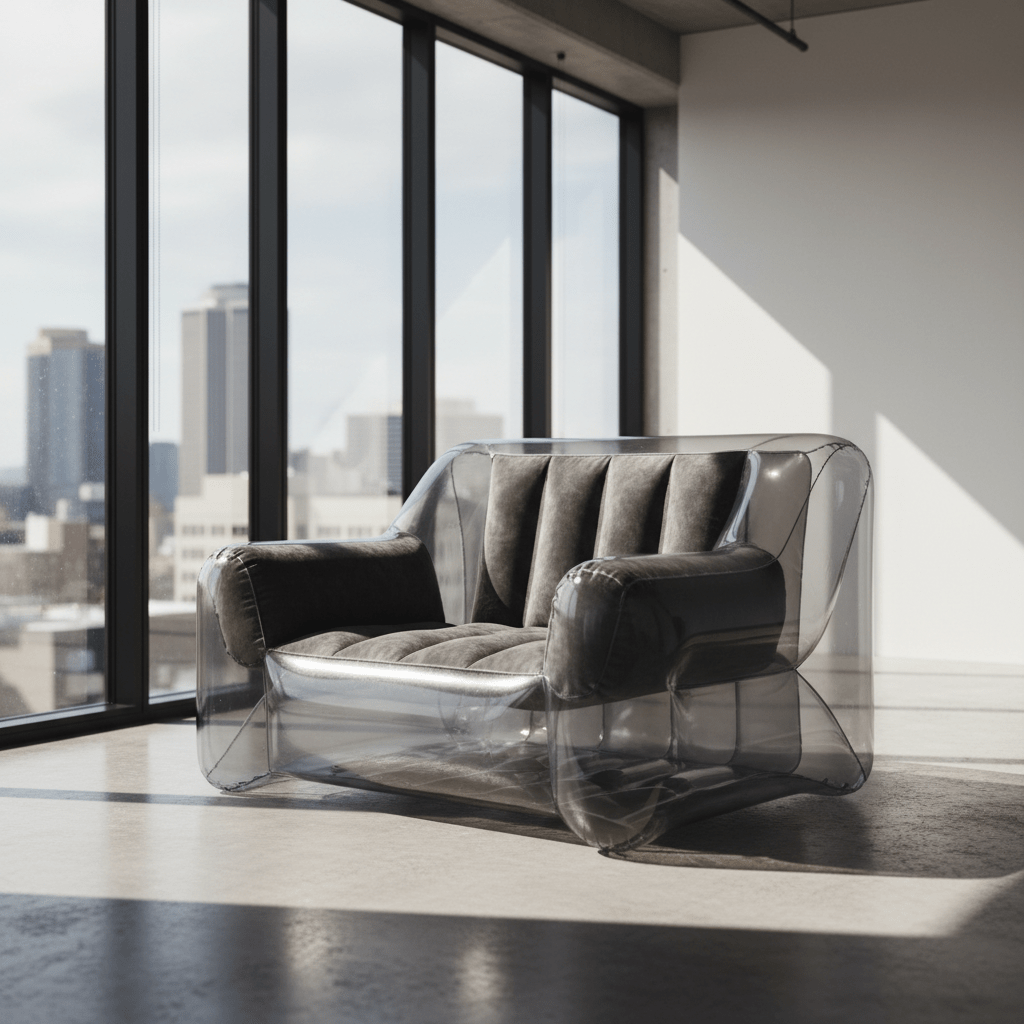 Modern transparent smoky inflatable lounge chair with velvet flocking Sculptural transparent smoky inflatable chair with velvet flocking in a modern loft.