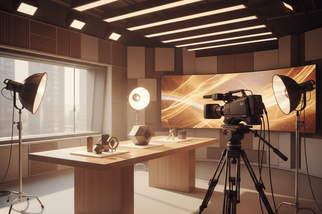Sleek broadcasting studio with professional lighting and camera setup for creating high-quality product marketing content