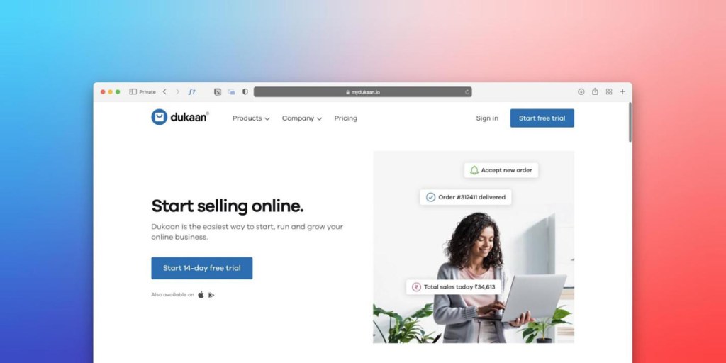 Dukaan website homepage promoting online store free trial