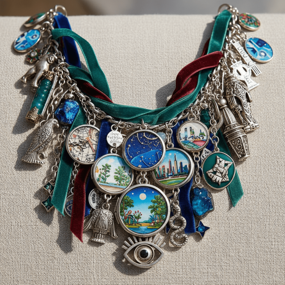 Elaborate charm necklace layered with symbolic trinkets, hand-painted scenes, and mixed textures.