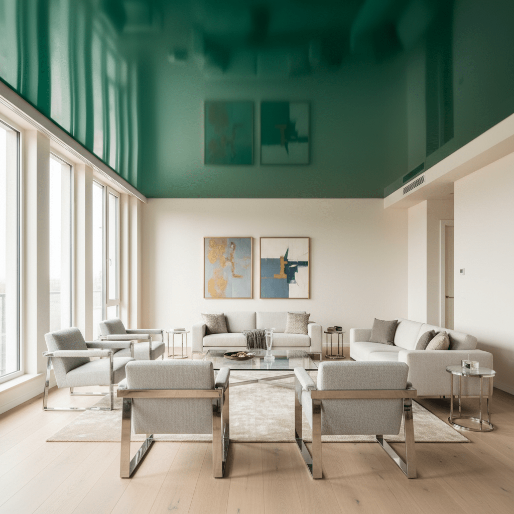 Modern living room featuring a high-gloss emerald green lacquer ceiling reflecting light.