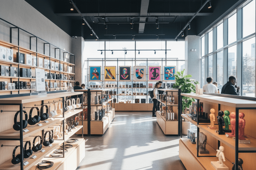 Shelves filled with abstract K-pop-inspired products lit by natural window light in an entertainment merchandising store