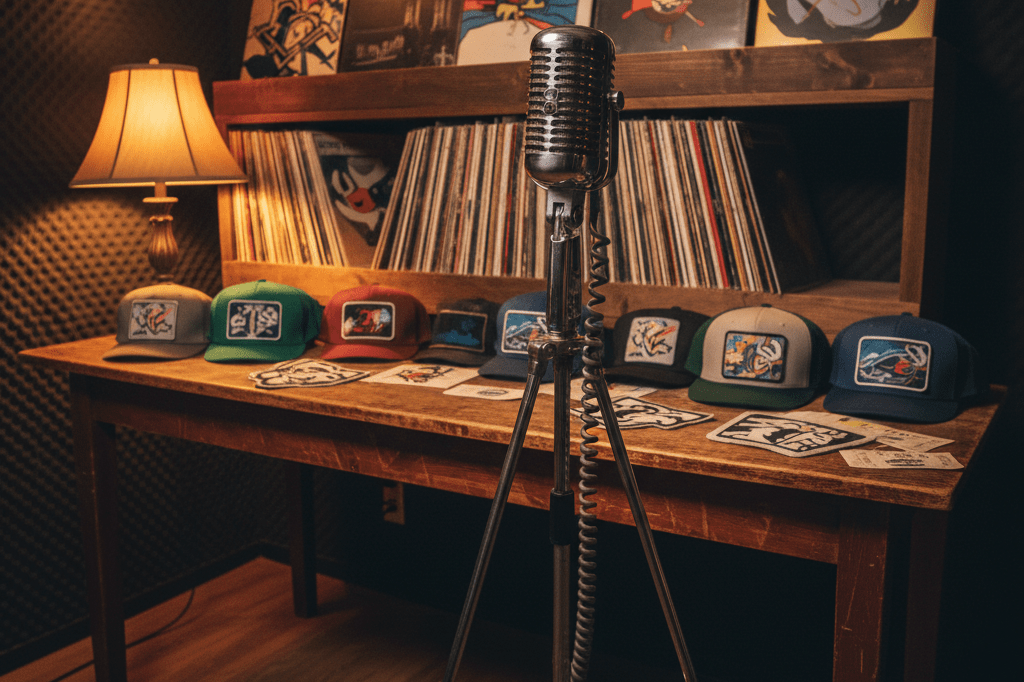 Warmly lit retro music studio with vinyl records, merchandise, and a classic microphone evoking 90s nostalgia