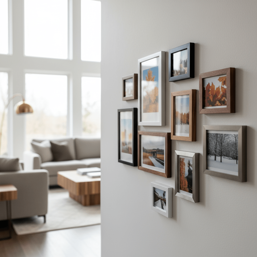 Modern living room with magnetic photo frames Modern living room wall with magnetic frames showcasing vibrant photos and artwork.