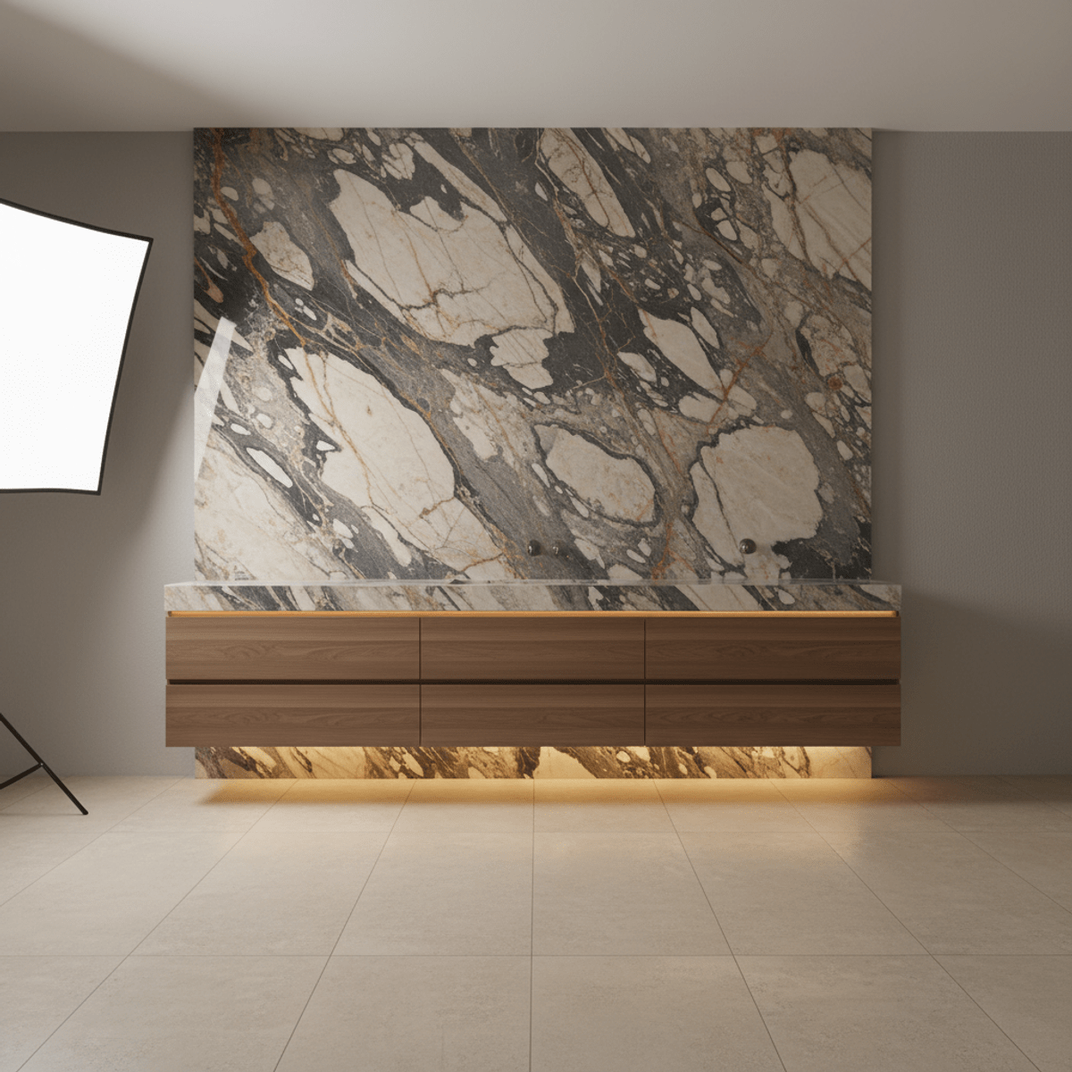 Seamless exotic quartzite vanity backsplash in a modern bathroom. Exotic quartzite backsplash seamlessly extends from countertop to ceiling in a modern bathroom.