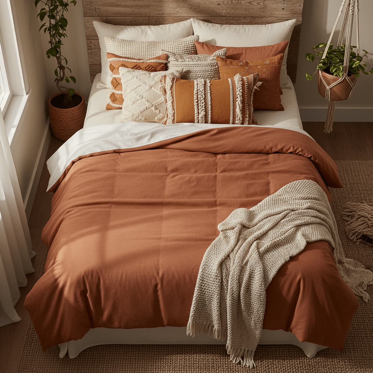 Overhead view of a washed microfiber comforter with earthy tones on a bohemian bed.