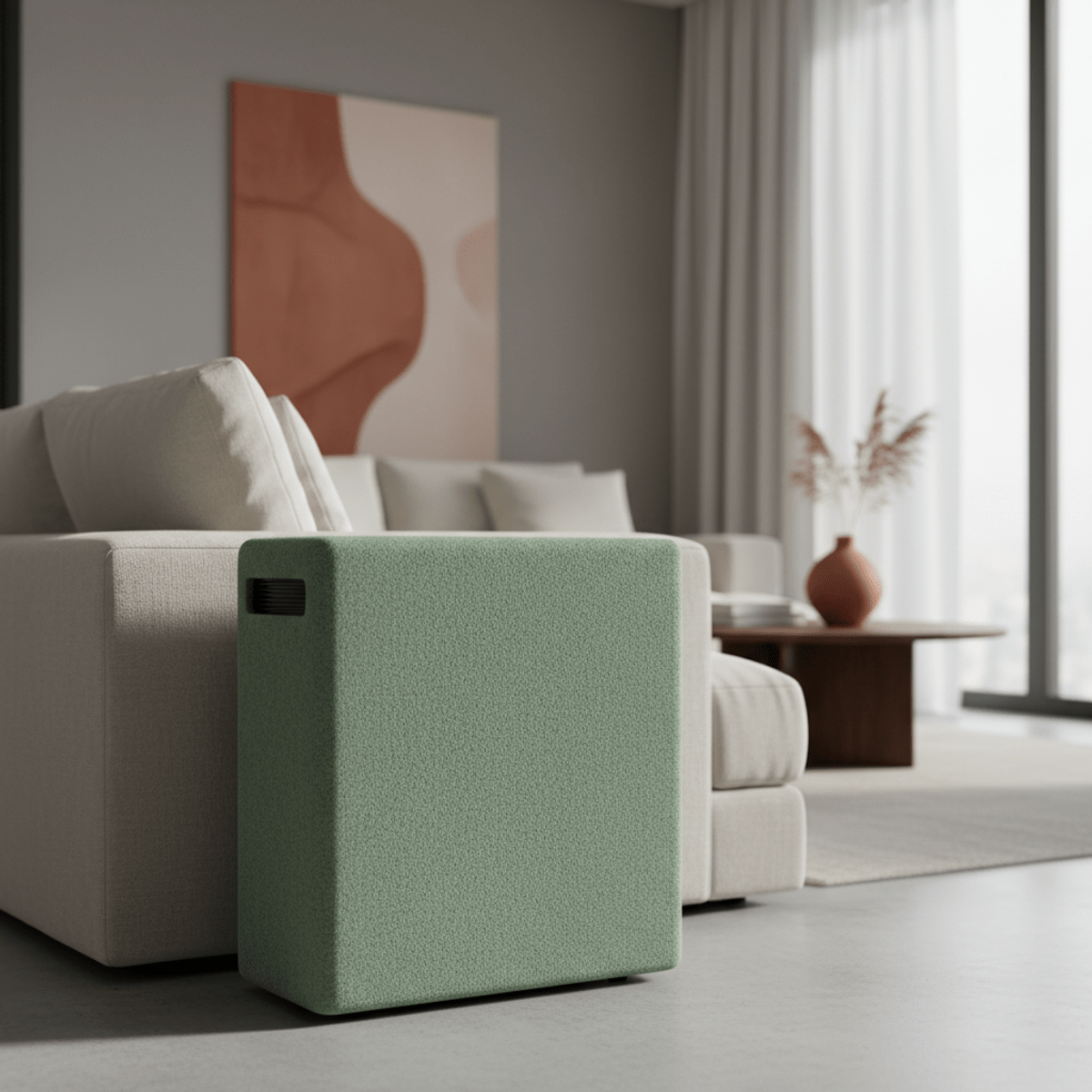 Sleek home UPS in sage green felt beside a linen sofa, modern living room.