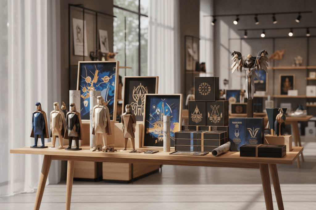 Wide shot of a retail display featuring generic movie-themed products under warm ambient lighting, highlighting post-awards merchandising trends