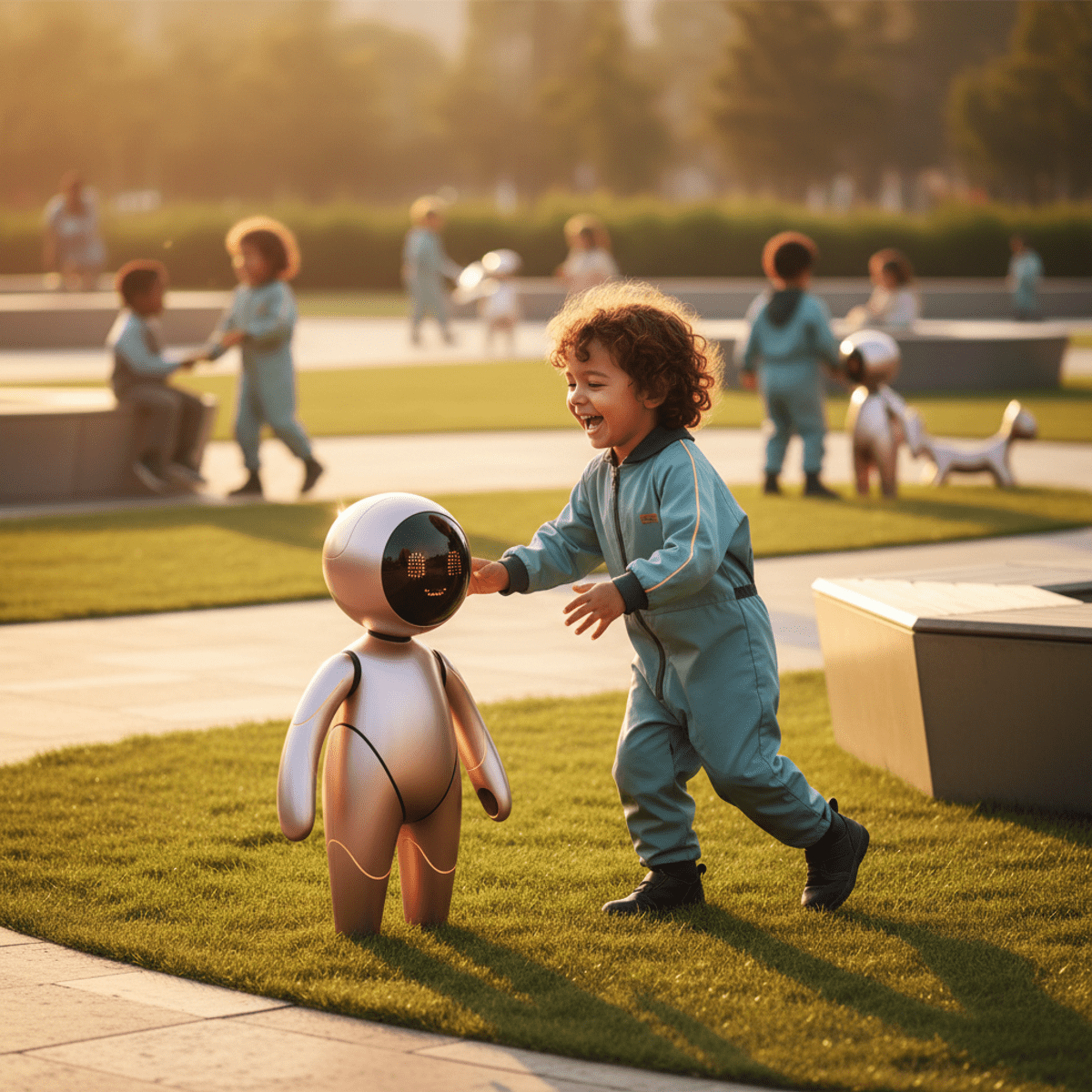 A child laughs with a minimalist AI companion in a futuristic park at golden hour.