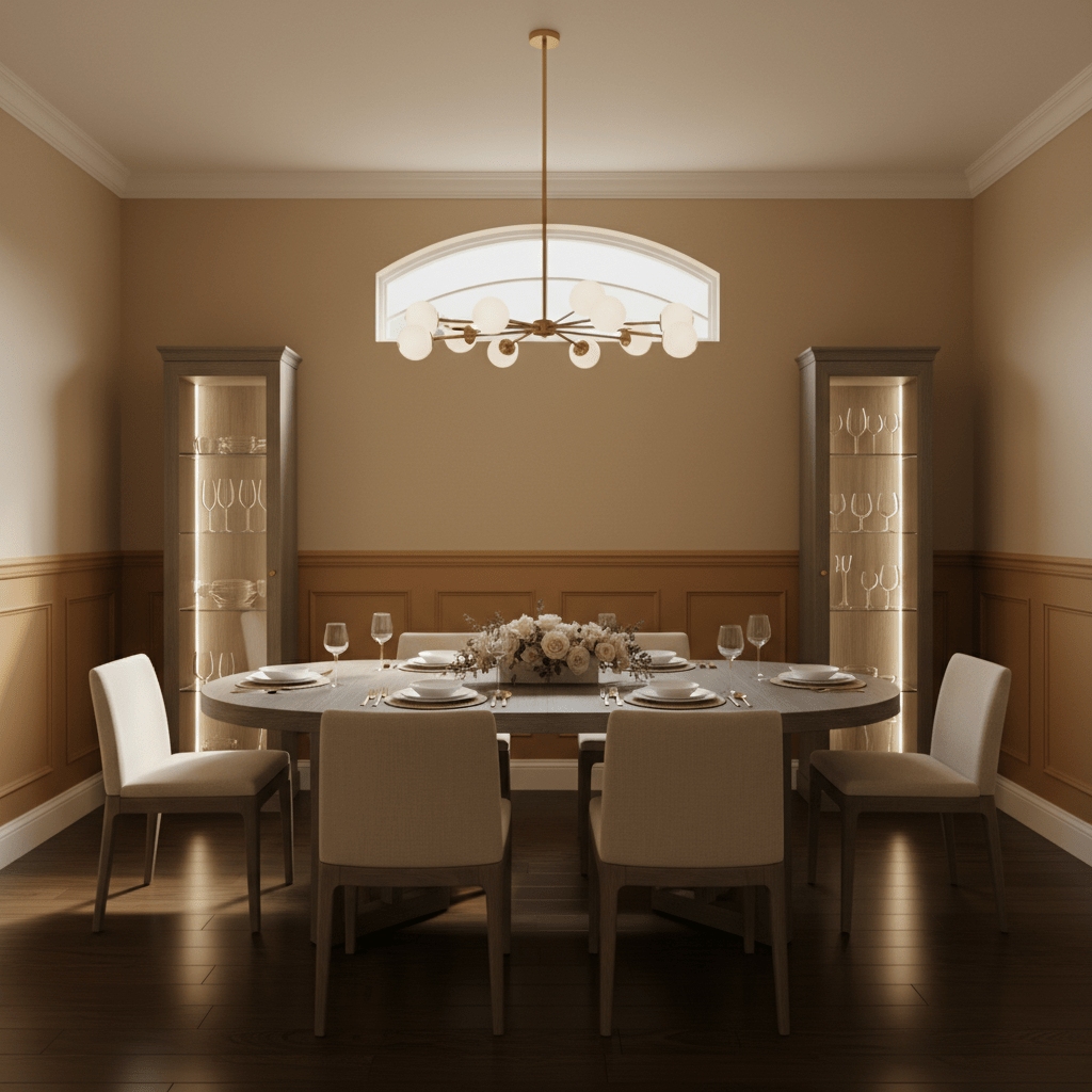 Formal dining room with two-tone tan walls, elegant furniture, and warm sunlight.