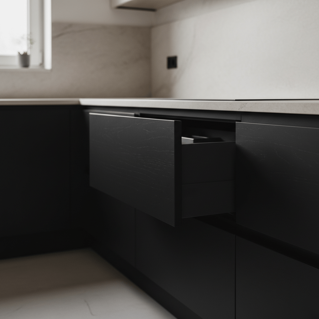 Sleek matte black kitchen drawers with integrated J-pull grips and clean horizontal lines.