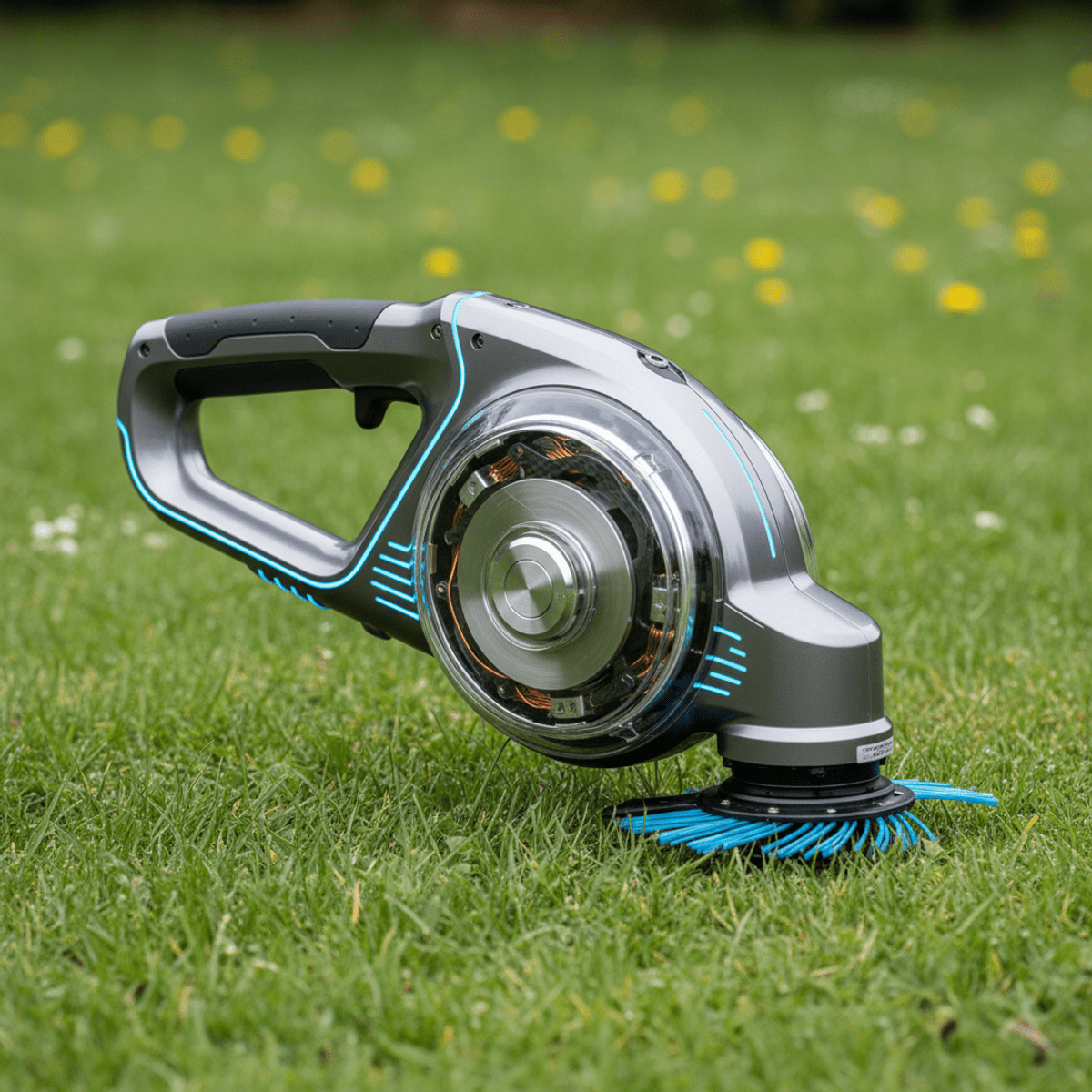 Futuristic trimmer with kinetic flywheel on a green lawn, showing internal glowing blue energy.